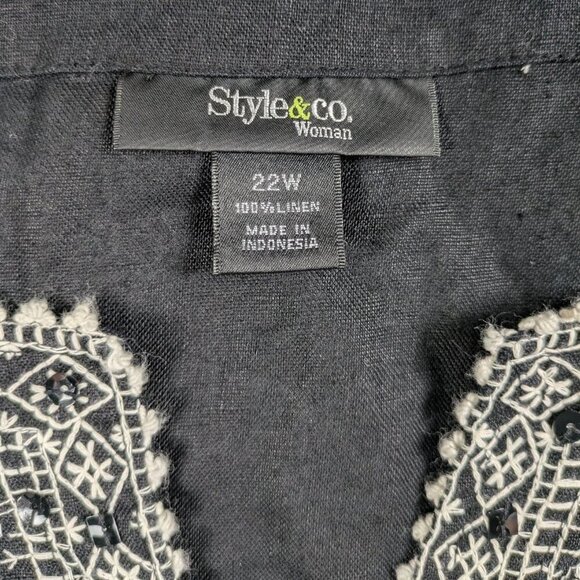 Style & Co. Black Linen Tunic with Cream Embroidery and Sequin Embellishments Si - Picture 4 of 6